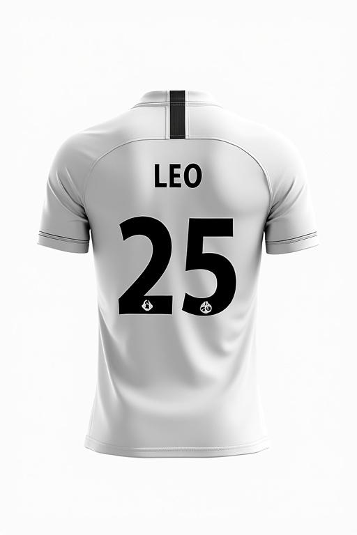 Design a football shirt. Base color is plain white. Add small intricate black details similar to Tottenham's third kit and Barcelona's home kit. Name LEO on the back with number 25. Include a Nike tick on the front.