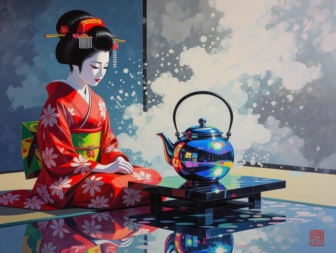 Japanese tea ceremony depicted with heavy texture. Artwork features a vibrant oil painting style. Holographic chrome splashes add contrasting elements. Intricate details throughout the composition. Colorful representation with a focus on traditional attire and tea traditions.