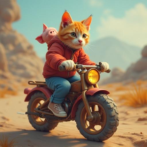 A whimsical scene featuring a cat with orange fur riding a motorcycle. The cat wears a red jacket and jeans. A small pink pig plush toy rests on the cat's shoulder. The background shows a sandy desert landscape with hills in the distance.