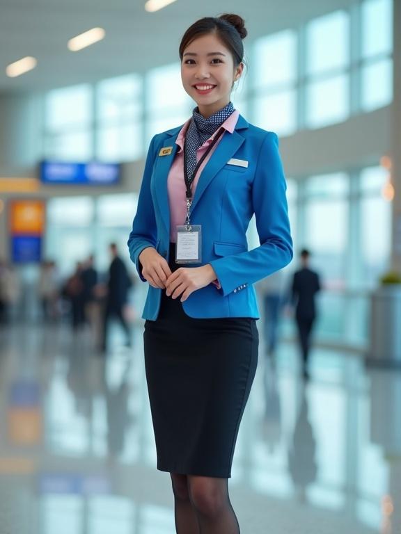 Full body shot of female airport ground staff. She wears a blush-pink blouse and azure-blue blazer. Black pencil skirt complements outfit. Hair styled in a bun, exhibiting a friendly smile. Silver name tag attached to blazer. Lanyard with ID badge around neck. Dark-blue-gingham scarf tied neatly. Standing in an airport terminal with hands clasped.