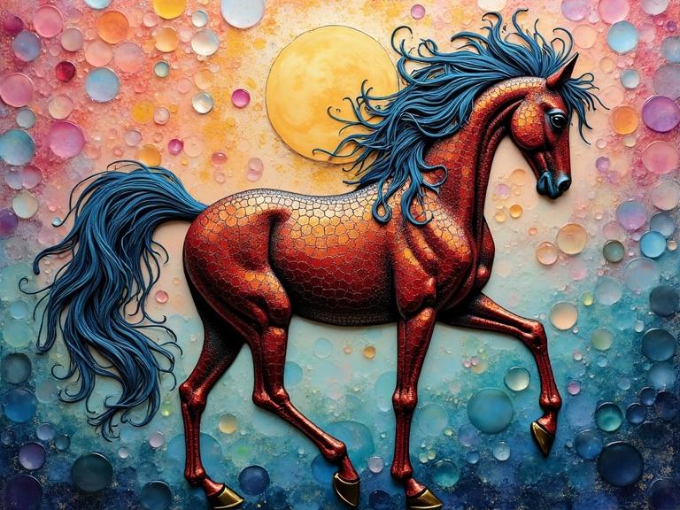 Masterpiece of a vibrant 3D iridescent horse made of ceramic tile and glass. Abstract composition with a pastel background. Ethereal and flashy mixed media styles.