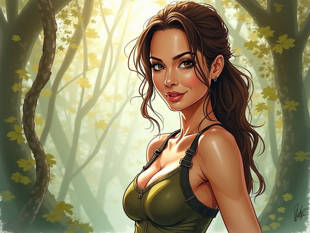 Caricature of Lara Croft in jungle. Inspired by Angelina Jolie. Comic book style. Wet-on-wet watercolor. Ethereal atmosphere. Dreamlike quality. Delicate and fluid design.