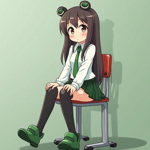 Anime girl sitting on a school chair with her feet on the chair. She is styled in a frog tie and a playful outfit.
