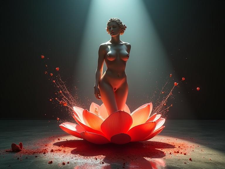 Wide shot with one point perspective of the Venus of Milo statue emerging from a lotus flower. The statue has idealized proportions with a red pubis and realistic anatomy. Elegant pose in a dark showroom with vibrant lighting and swirling paint splashes.