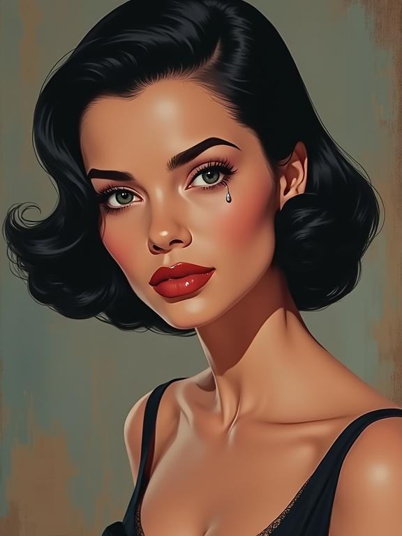 A stunning vintage-inspired illustration of a glamorous young woman with dark hair. Her expression is composed, with a single teardrop down one eye. She wears an off-shoulder vintage dress. Background features subtle muted tones.