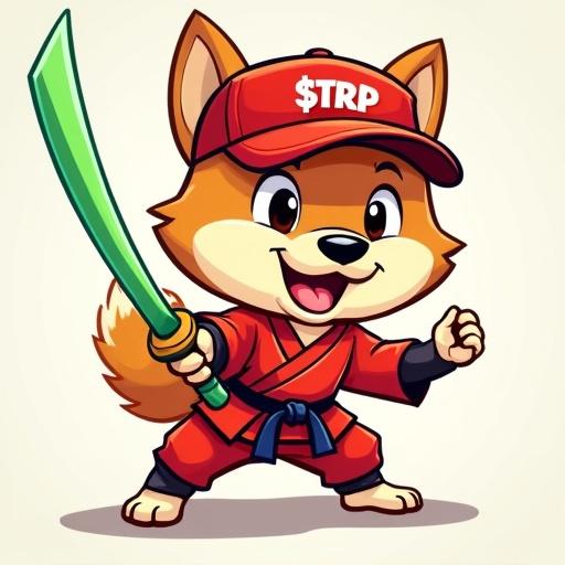 Animated cartoon featuring a Shiba dog wearing a red baseball cap labeled $TRP. The dog is dressed in martial arts attire, brandishing a bright green sword, and strikes an action pose indicative of playfulness and energy.