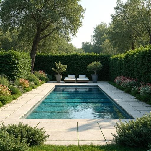 A serene garden setting with a swimming pond. The pool is flanked by cozy lounge chairs. Lush greenery surrounds the area. The scene is bright and inviting, ideal for a celebration.