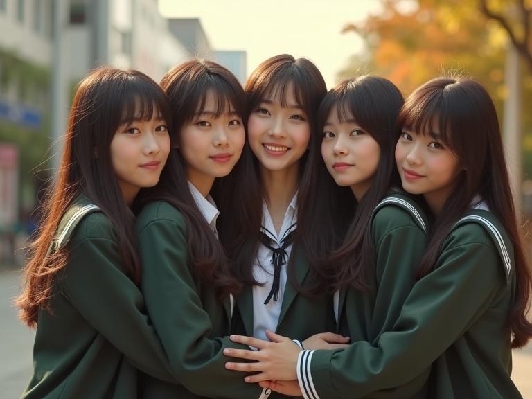 A realistic photograph depicts beautiful Japanese girls in their teenage years wearing school uniforms. They are hugging each other with warm soft lighting. The background is softly blurred, creating a depth of field effect. The image showcases ultra-detailed skin texture with a cinematic composition, captured in a professional photography style using an 85mm lens.