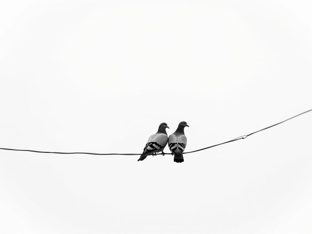 In a minimalist black and white scene, two pigeons sit side by side on a thin wire. The background is a smooth gradient of white, adding a serene atmosphere. The pigeons are facing slightly away from each other, yet they seem comfortable in their quiet companionship. The wire cuts across the image with a subtle curve, adding an element of movement. The overall mood of the image is calm and reflective, evoking feelings of peace and solitude. This simple composition emphasizes the beauty of nature and the bond between creatures.