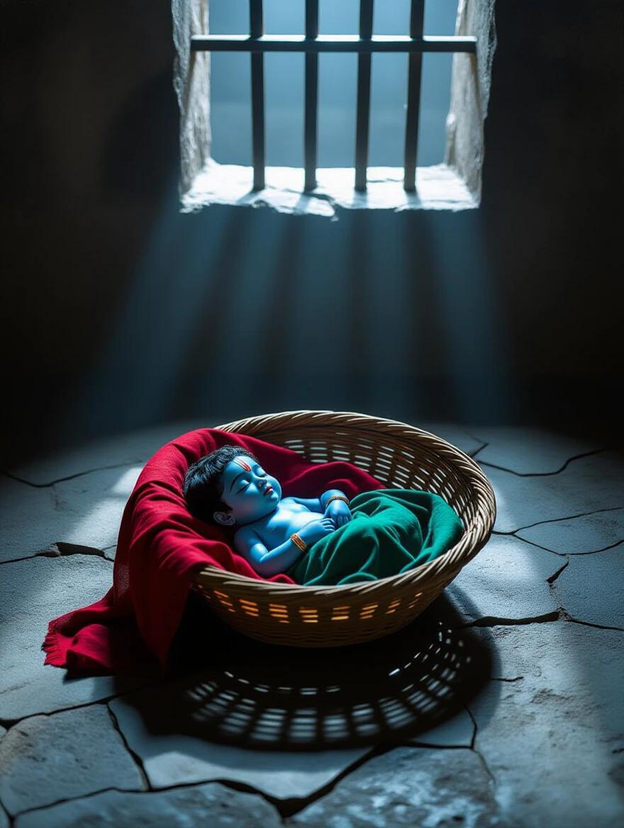 Aerial view of a woven basket resting in a dark prison cell on a cold stone floor. The stark surroundings create a desolate atmosphere. Dim night lighting streams through a barred window, casting soft shadows on the walls. Inside the basket, baby Krishna sleeps peacefully with a soft glowing light. Red and green cloth partially wrap the basket adding warmth. Hyper-realistic and textured cinematic scene.