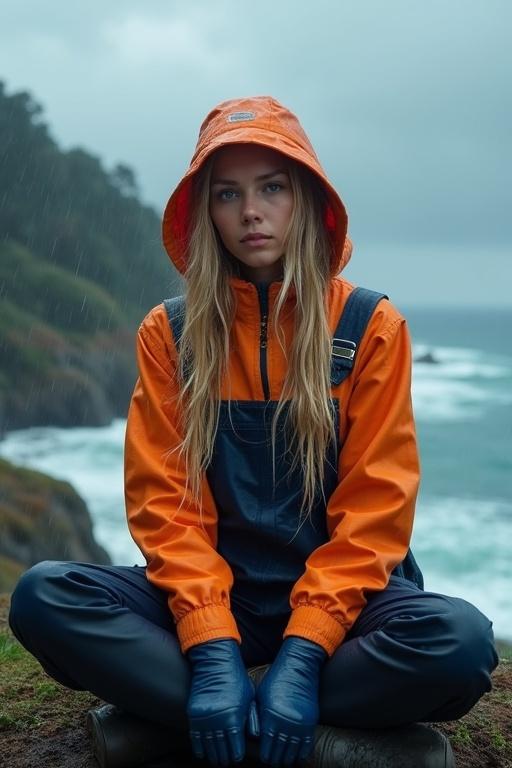 Attractive young woman sits on a cliff. She wears an orange fisherman hooded jacket, navy blue dungarees, black trousers, and gloves. Long blonde hair is in pigtails. She gazes wistfully at the cold sea during torrential rain. Storm clouds gather in the background. Hair and clothes are soaked.