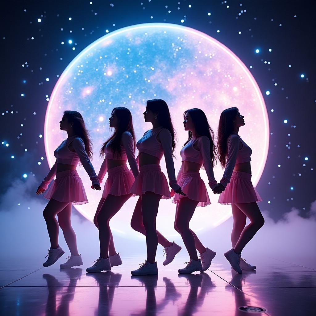 Five Kpop girl group members performing a dynamic synchronized routine. Blending sharp movements with fluid gestures inspired by space. Emphasizing formations like orbiting and starbursts. Showcasing charisma during solos. Incorporating dramatic transitions and intricate footwork. The background features a large moon.