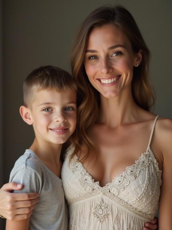 Family photo featuring mother and son. Mother wears a dress with a neckline. They stand close together and smile.