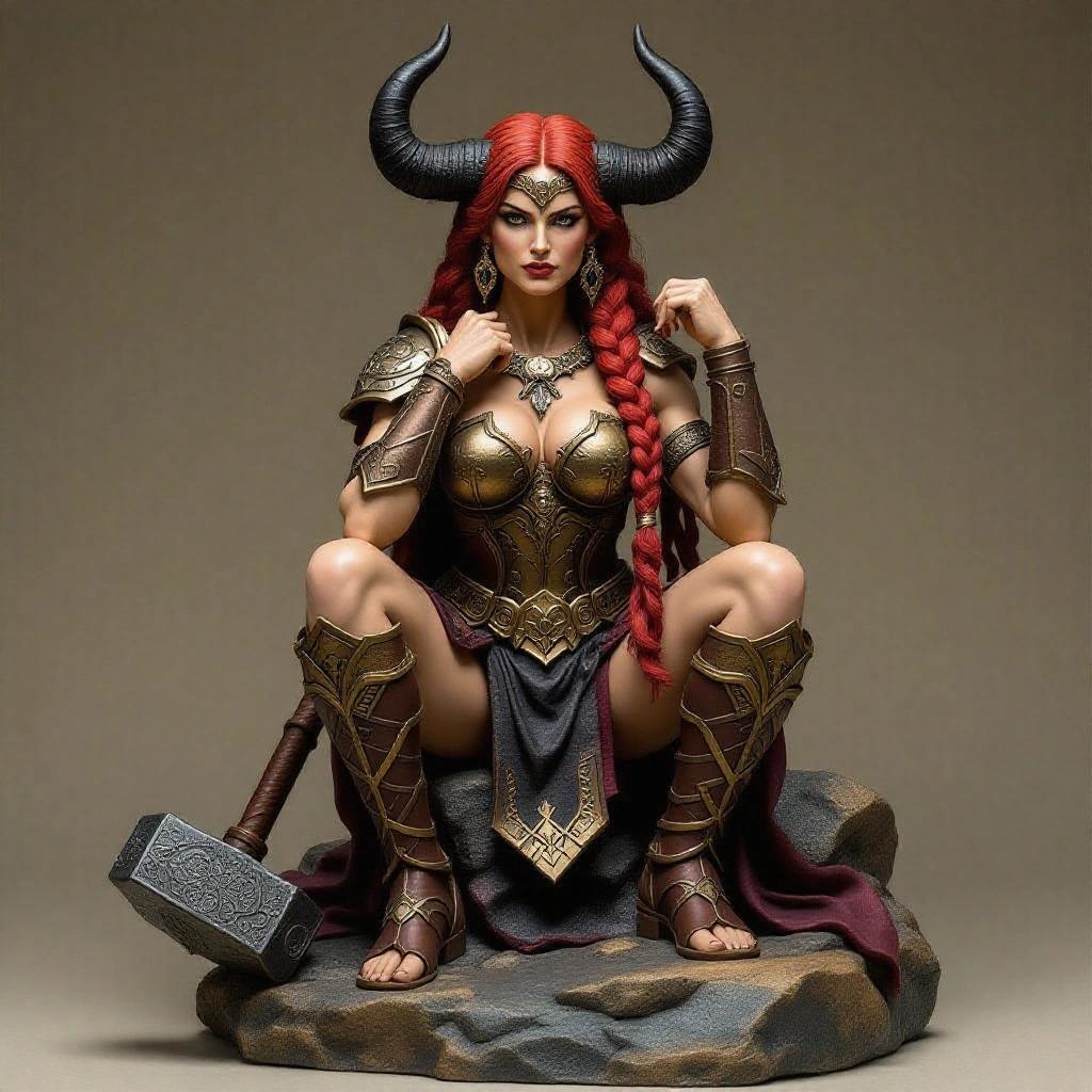 Resin statue depicting a powerful goddess resembling a Taurus zodiac character. The figure features a muscular woman with tanned skin and long red braids. She sits on a rock in a confident pose, one elbow on her knee, holding a massive warhammer. Dressed in dark bronze and leather armor with intricate details, she has large horns. The artwork conveys a majestic and mystical aura.