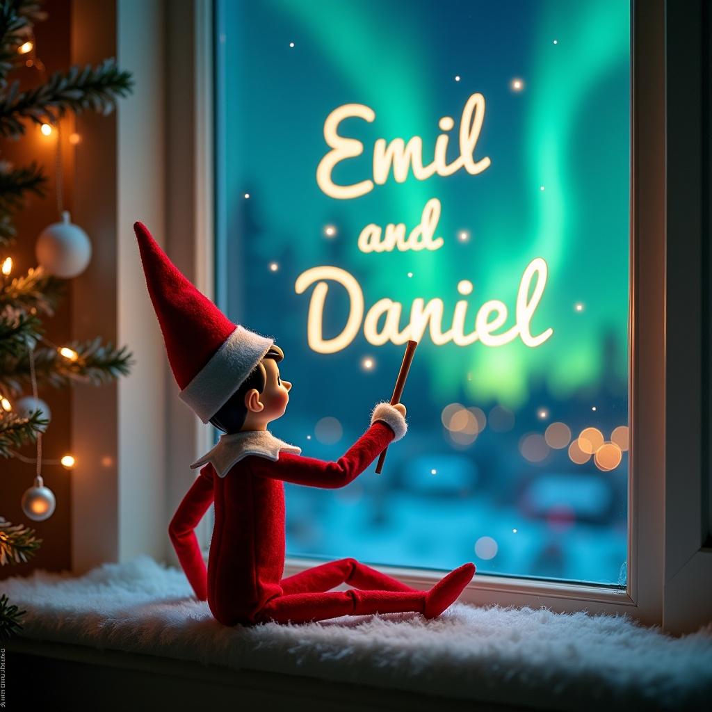 Christmas scene with an elf facing the sky. Elf dressed in red and white. Elf uses a magic wand to write 'Emil and Daniel'. Background features northern lights. Enchanting and magical ambiance. Sense of wonder and excitement in the air.