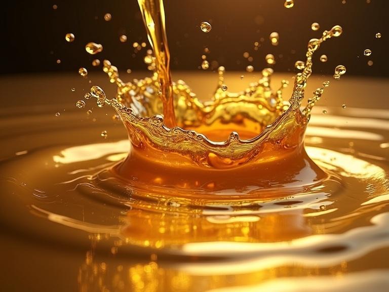 Liquid gold is splashing upward. Close-up photography showcasing movement and texture. Warm lighting accentuates gold tones. Captivating details in the splash and ripples.