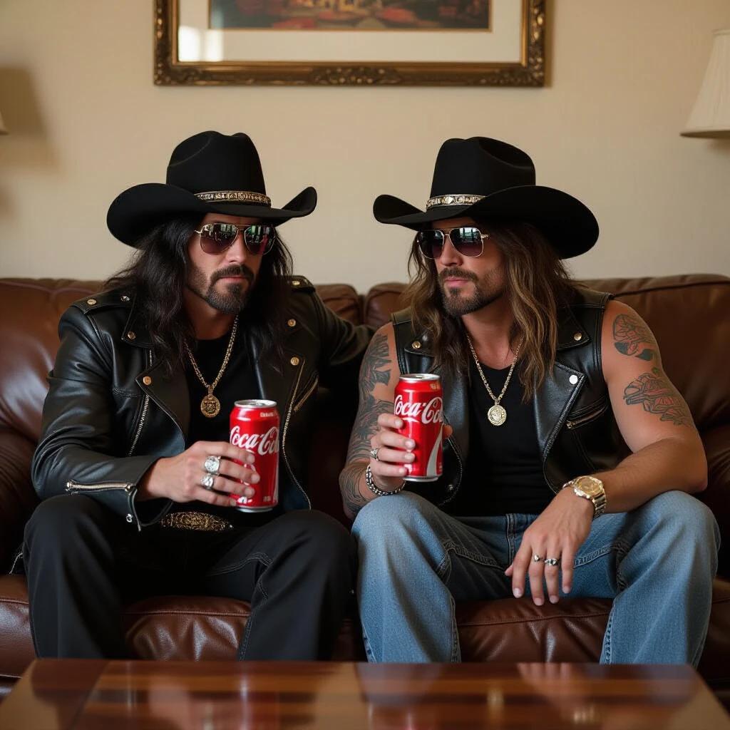 Two men sitting on a couch. Both wearing cowboy hats and sunglasses. They drink Coca Cola from cans. The setting is in a relaxed indoor environment.