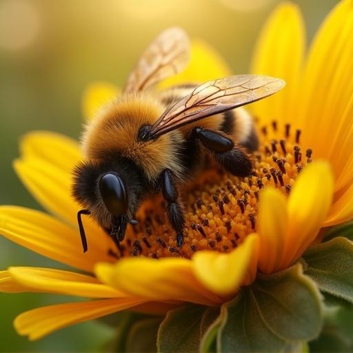 A hyperrealistic digital painting of a bumblebee resting on a sunflower. Bumblebee appears sleepy with curled body and relaxed legs. Its antennae drooped and eyes closed. Sunflower shows pollen grains and intricate petals. Background features blurred greens and yellows. Lighting is soft and warm. Depth of field emphasizes bumblebee. Composition captures intimacy and beauty of nature.