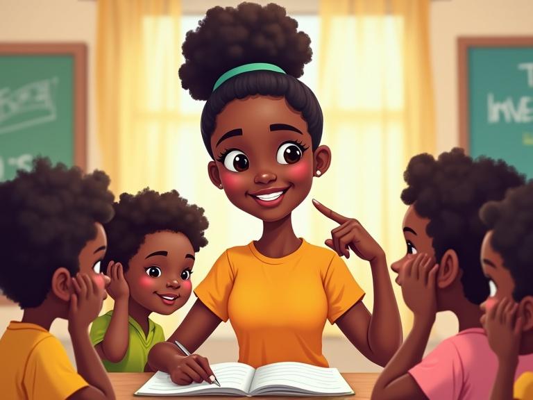 Vibrant illustration of a young Nigerian teacher with a warm smile. Teacher points to ear encouraging listening. Surrounded by small Nigerian children aged 5-7. Children actively listening with hands cupped around ears. Bright welcoming classroom setting.