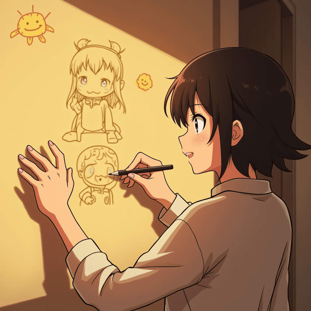 A person draws cute characters on a wall in warm lighting.