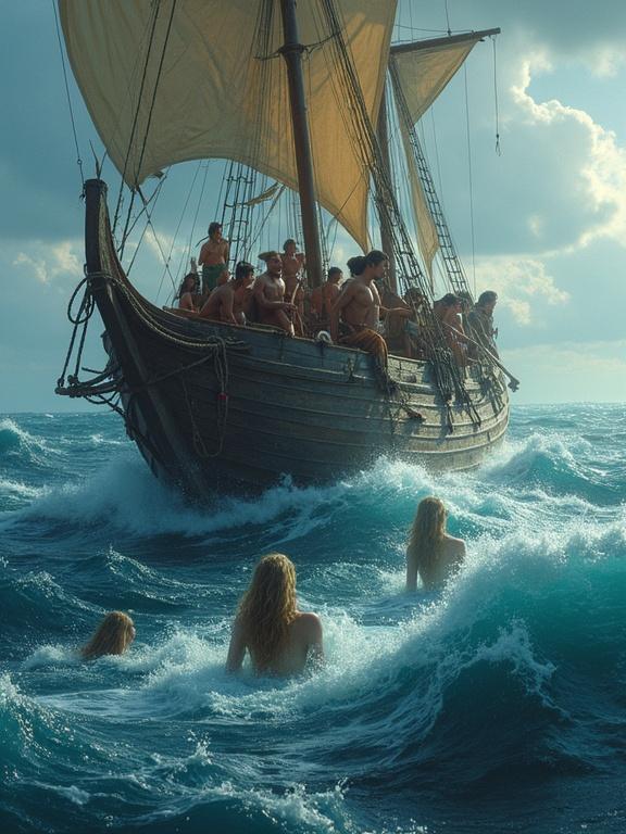 A dramatic scene at sea from Greek mythology. A large wooden ship sails through stormy blue waters. Odysseus is tied to the central mast. His face shows intense emotion. Sailors row with heads down and ears covered. Surrounding the ship are beautiful sirens with long flowing hair. The sky is cloudy and dramatic. The atmosphere is tense and magical. Cinematic lighting, portrait orientation.