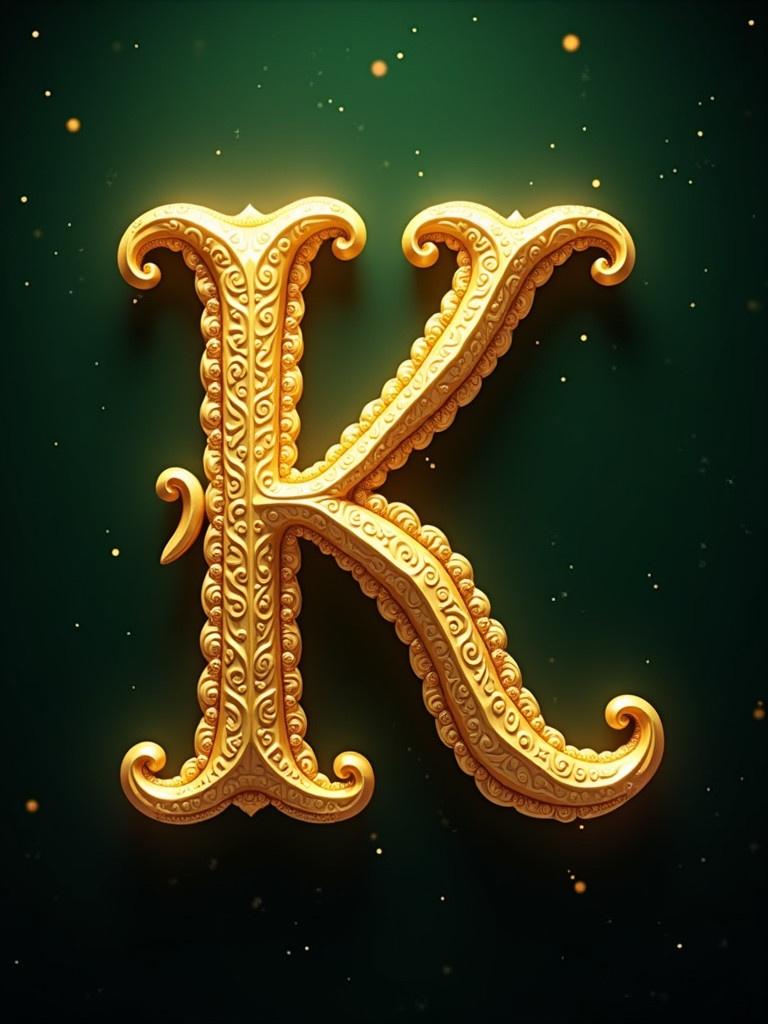 Richly embellished golden letter K. Intricate designs covering the letter. Dark green background. Glowing particle effects enhancing the image.