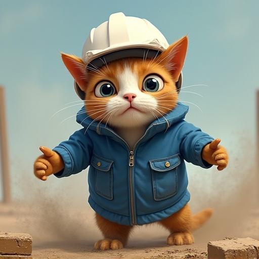 A semi-realistic cat wearing a white hard hat and blue work jacket. The cat has a dizzy expression with spiral eyes. Its body is upside down with limbs splayed out. There is a dust cloud around. The helmet looks slightly crumpled. Stars are circling its head. The setting appears to be a construction site with a humorous fall aftermath.