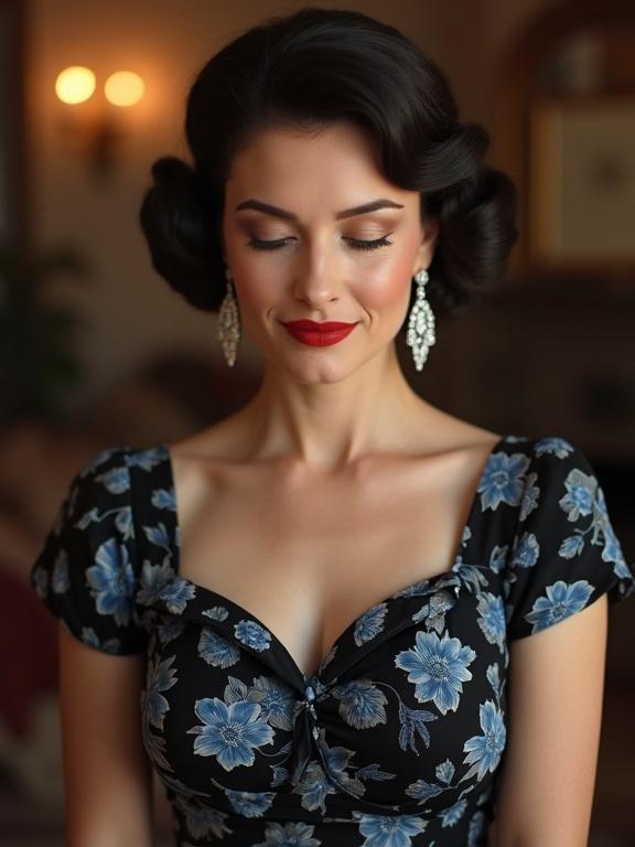 Charming 35 years old housewife with face wrinkles. Eyes closed and chubby, busty figure. Wearing long diamond earrings and a thick body. Realistic HD digital photo with 1950's hairstyle. Italian brunette in vintage black and blue floral dress. Close-up portrait with big red lips, slightly smiling in vintage living room.