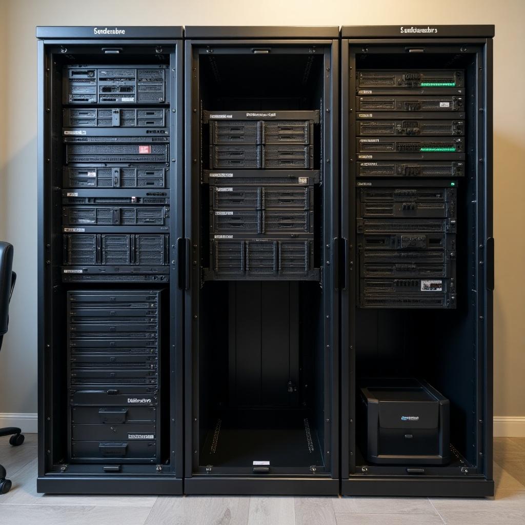 Create a black server cabinet 24 U height and 19 inch width. Inside cabinet are from top to bottom, 2 Juniper EX4400 switches 1U height each, 4 Supermicro servers 1U height each, 2 IBM Flashsystem 5000 2U height and 2 Eaton UPS 2U height.