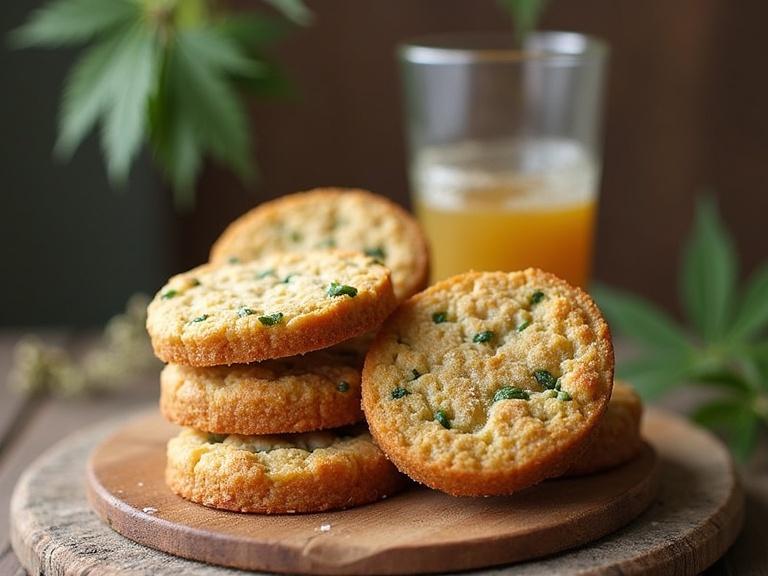 Delicious cannabis cookies served on a wooden board with a refreshing beverage in the background. Close-up shot featuring green herbs in the cookies, natural lighting enhancing the appeal.