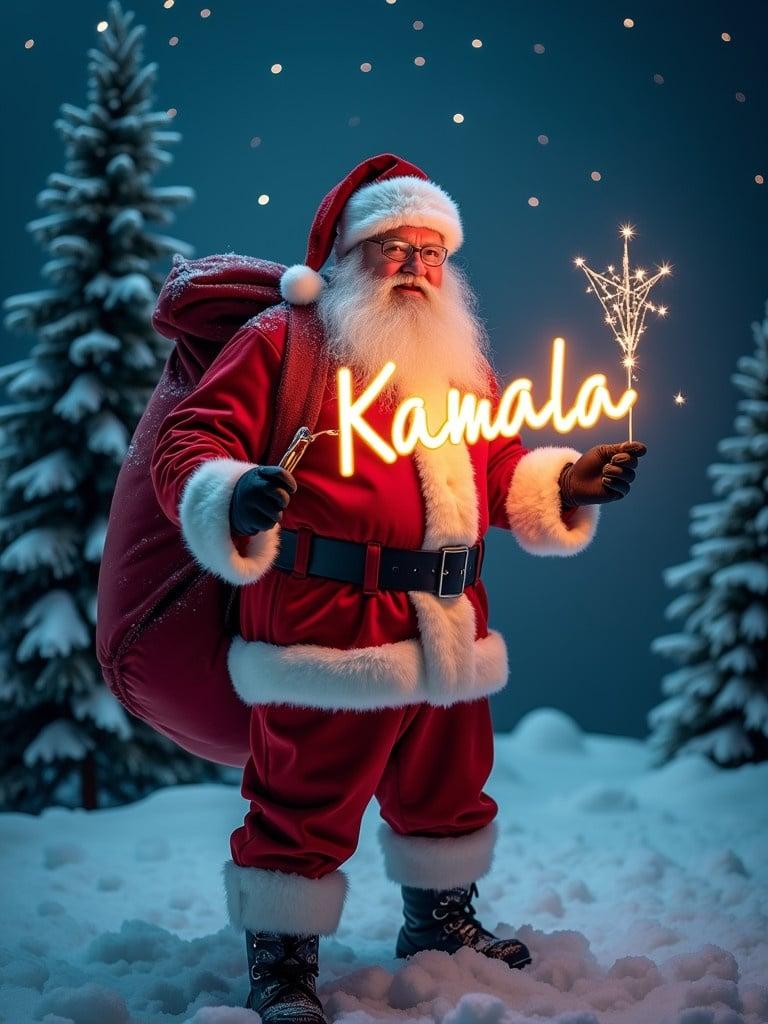 Cheerful Santa Claus stands in a snowy landscape holding a glowing wand. He is in a traditional red and white outfit with a large red sack. The background is illuminated with stars against a dark sky. Santa writes the name 'Kamala' with the light from the wand. This image exudes warmth and holiday magic.