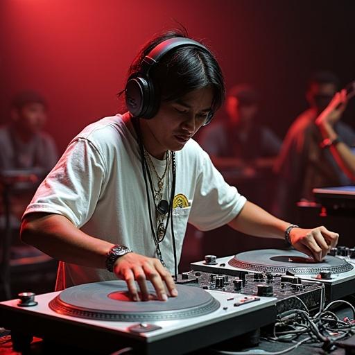 DJ performs on two turntables in a lively club atmosphere. Bright stage lights illuminate the scene. Audience engages in rhythmic beats. DJ showcases impressive turntable skills and tricks at high speed. Venue pulsing with energy from music. A moment captured in the world of DJing.