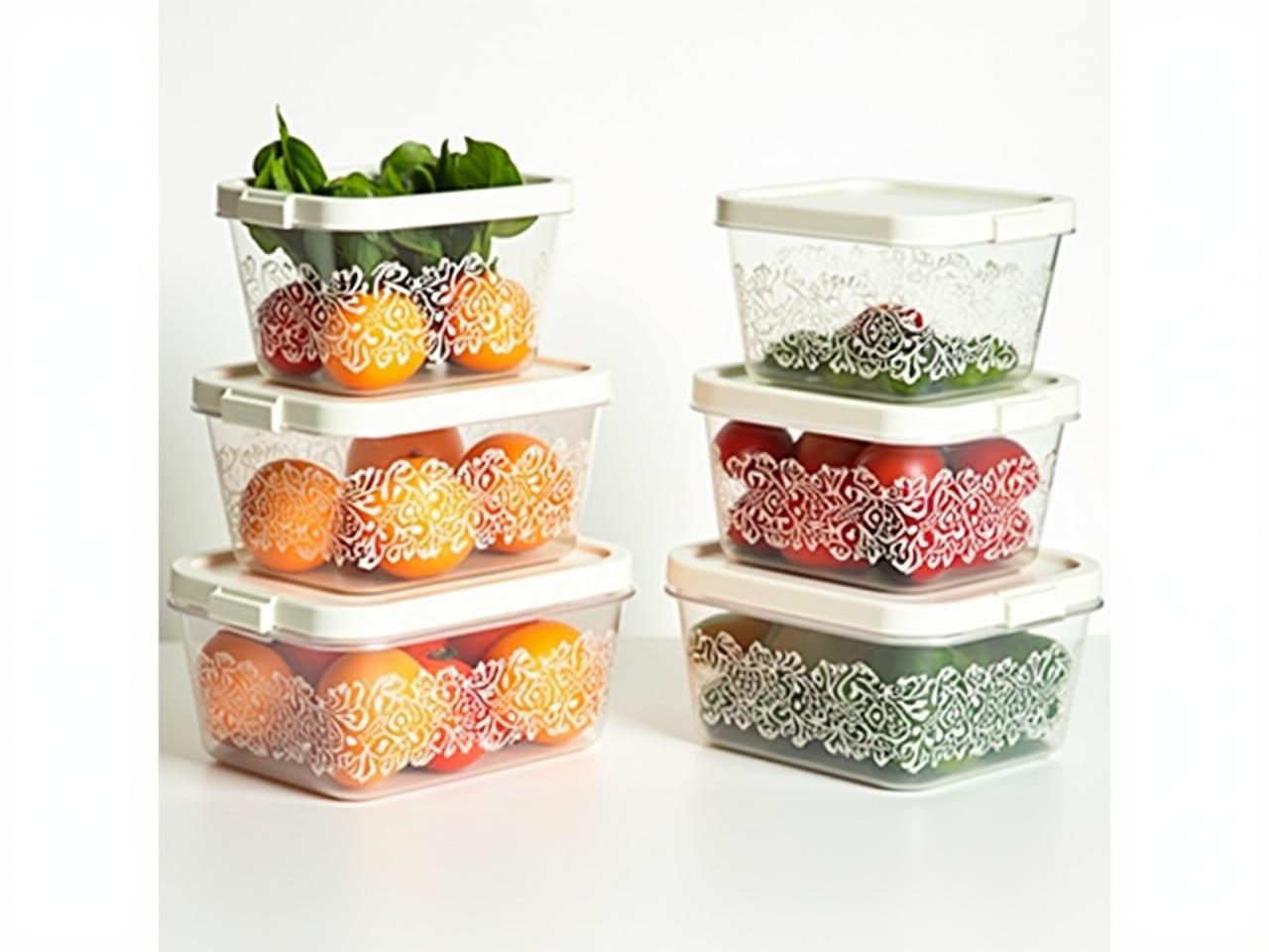 The image displays a set of creatively designed storage containers, stacked on top of one another. Each container has a unique, intricate pattern etched into its surface, showcasing an artistic touch. The containers are filled with a variety of fresh produce, including vibrant oranges, red tomatoes, and leafy greens. The color contrast between the produce and the container design enhances the overall aesthetic appeal. These containers seem to be both functional and decorative, suitable for kitchen or market use. The background is simple and lacks distractions, allowing the containers and their contents to stand out.