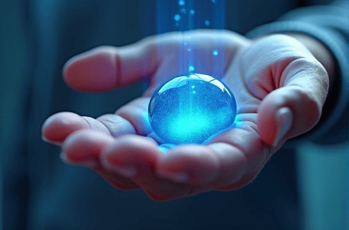 A hand holds a glowing blue orb with beams of light emanating from it.