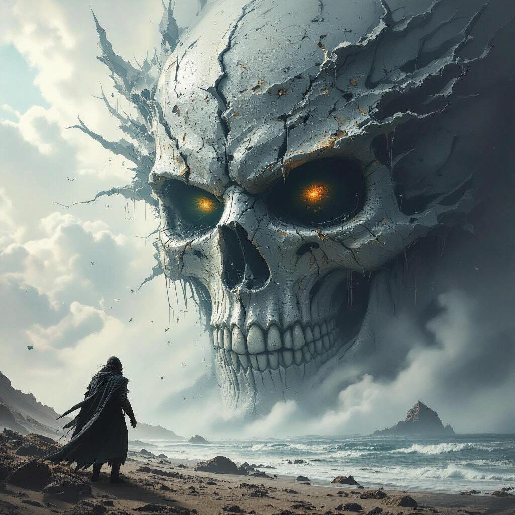 Captivating epic artwork with a large skull in a dramatic landscape. A figure stands on a beach, facing the skull with glowing eyes. The scene evokes a sense of wonder and mystery.