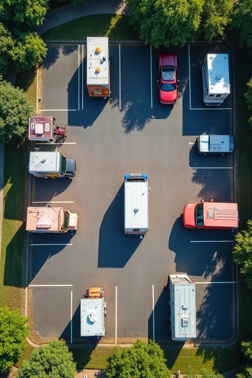 Aerial view of a trapezium parking lot with multiple food trucks parked neatly in defined spots during bright daylight.
