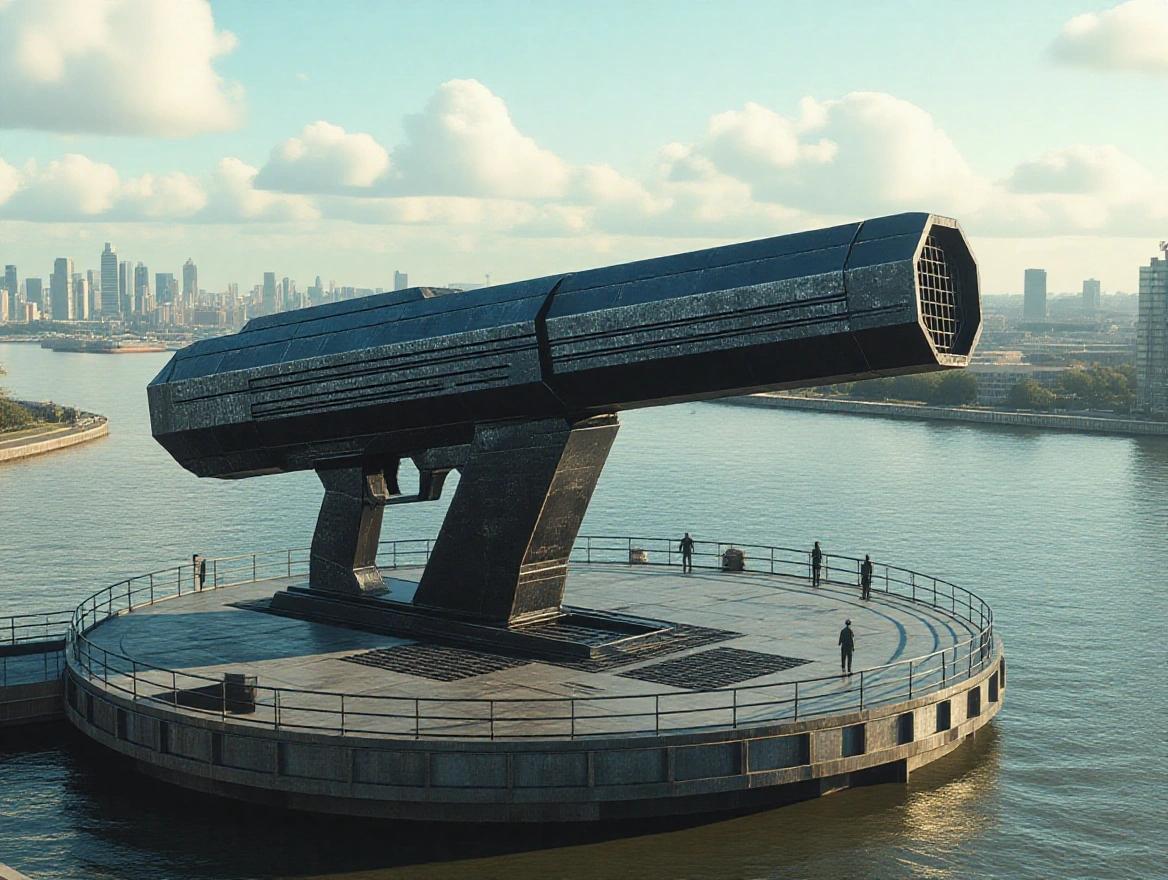 Cinematic scene depicting a large black metal sci-fi gun on a rotating platform. Gun is situated on an island near a city skyline across a river. Small people are present by the guard rails. Bright and sunny ambiance with clouds and detailed realism.