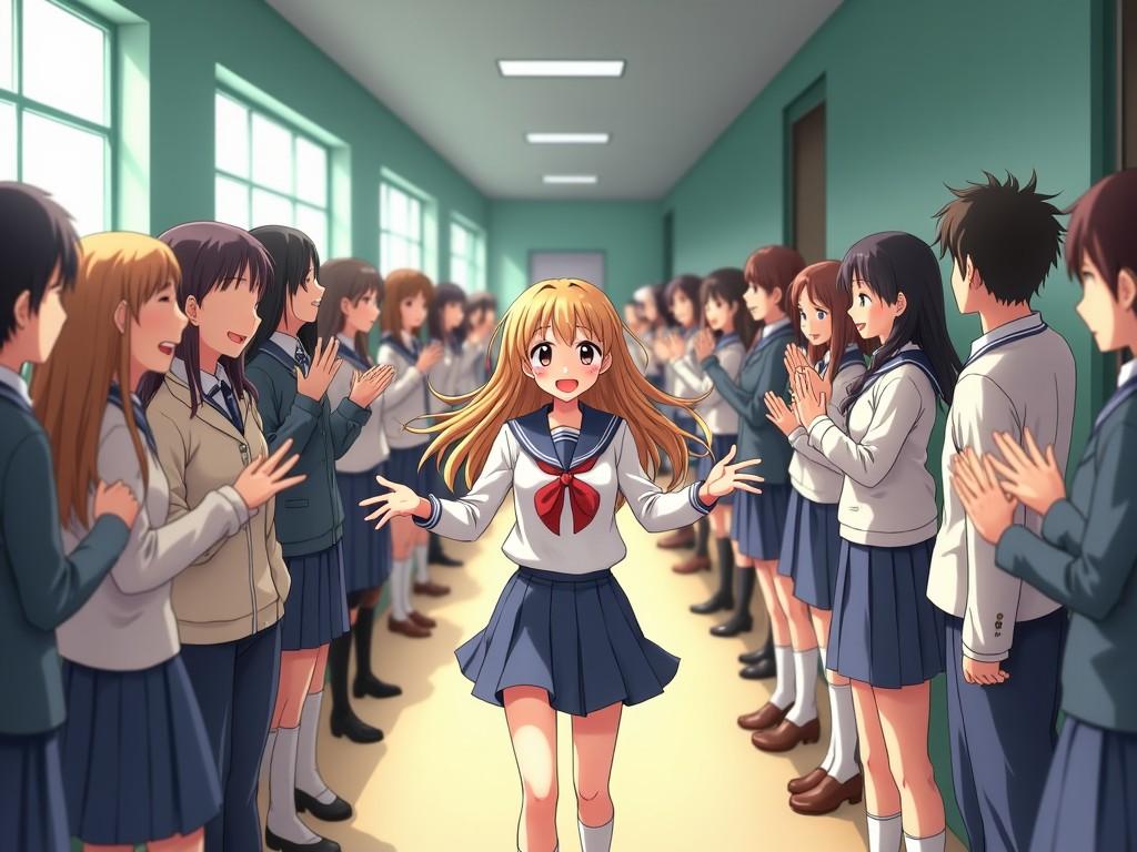 A vibrant anime-style scene depicting a cheerful schoolgirl walking down a hallway, surrounded by classmates clapping and smiling, all in school uniforms with a well-lit, central perspective.