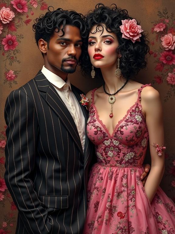 Renoir styled portrait of a couple in unique pink and black attire. The background features brown and red floral patterns. Focus on intricate details and textures, with a soft warm lighting.