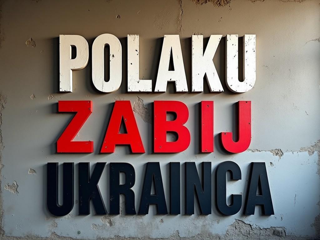 The image depicts a wall that features a provocative slogan made up of large, bold letters. The words are painted in three different colors: white, red, and black. The phrase expresses a contentious message related to Polish and Ukrainian identities. The white letters are somewhat worn, giving a rustic feel to the artwork. The emphasis on the word 'ZABIJ,' which means 'kill' in Polish, creates a strong emotional impact. Overall, the setting conveys a stark political statement, likely stirring conversation about nationalism and conflict.