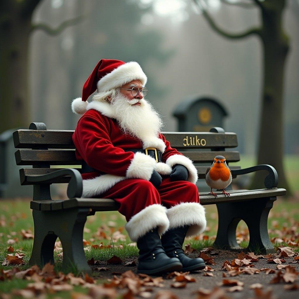 Father Christmas sitting on a bench in a cemetery. A red-breasted robin is nearby. The bench has 'dicko' written on it. The setting is serene and festive with autumn leaves.