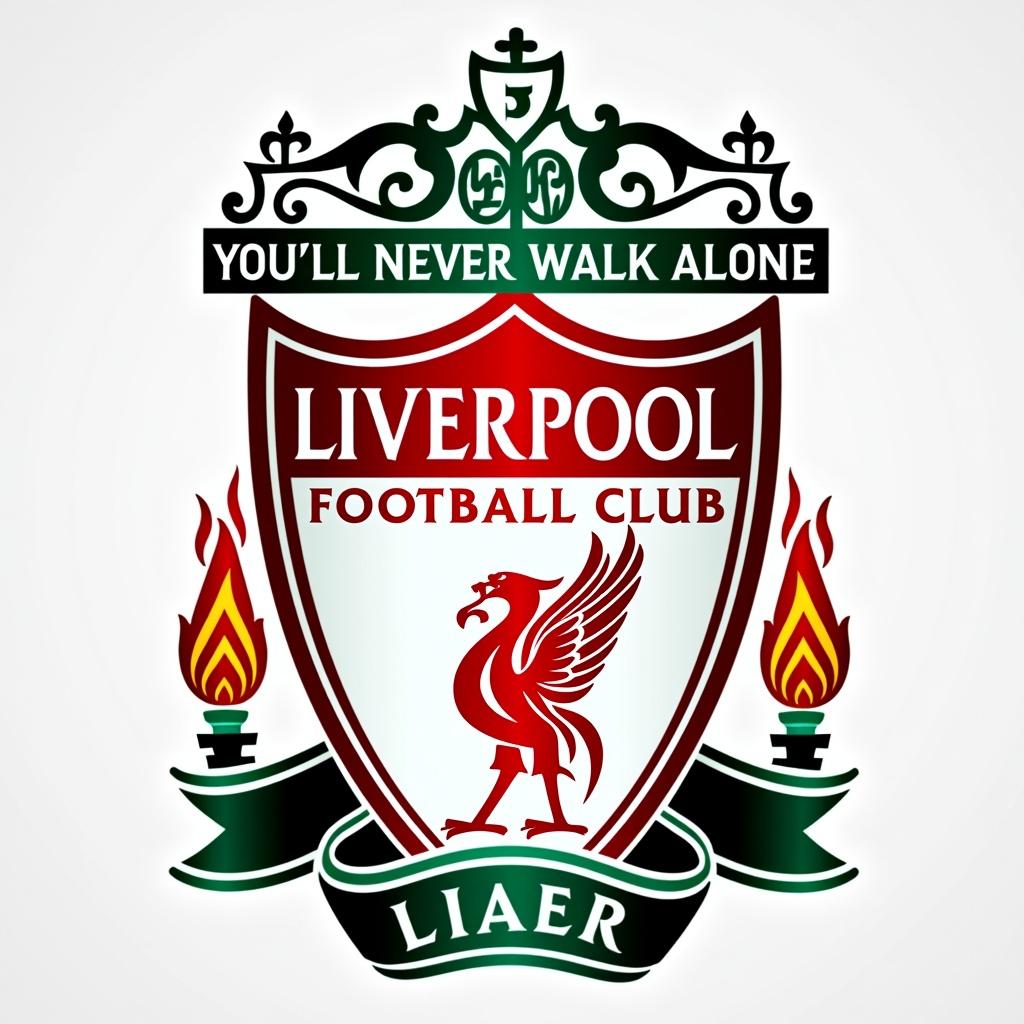 Liverpool Football Club badge features a bold liver bird emblem. The logo displays the text You’ll Never Walk Alone. The name Liam is included in a stylized font. Red and green colors dominate the design.