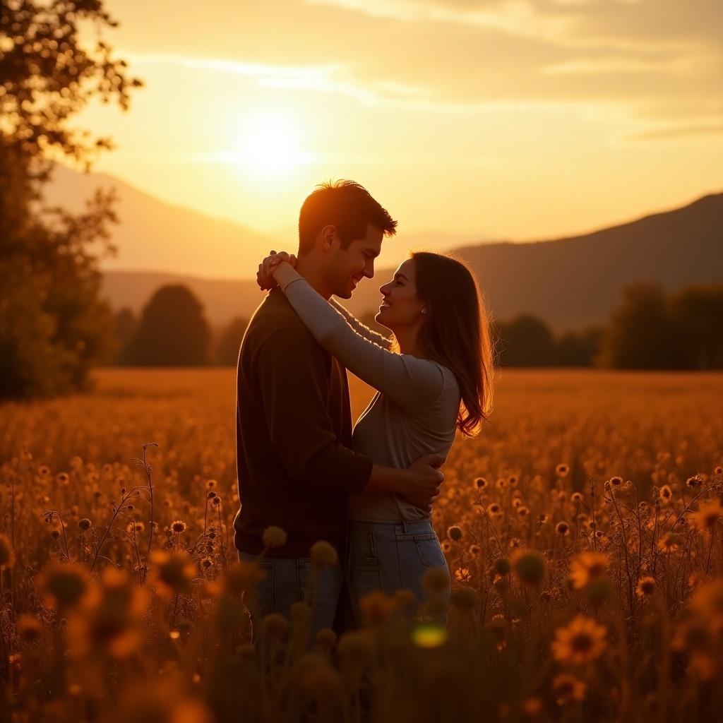 Young couple in love embracing in an autumn field during sunset with a mountain in the background