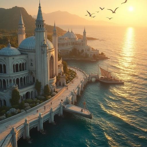 Cinematic wide-angle shot of Mithlond at sunset. The ancient Elven port city features white marble towers, silver domes, and organic structures. Blue runes glow on the buildings. Gentle waves hit stone docks. Elven ships with translucent sails rest in the harbor. The scene includes gardens of silver-leafed trees, crystal fountains, and elves in flowing robes. A flock of white gulls fly through the golden sky as the sun sets.