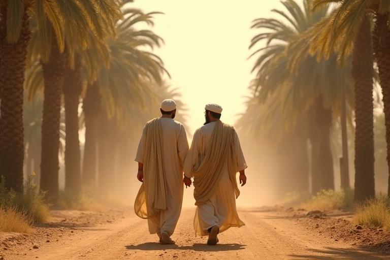 Two figures dressed in traditional attire walking on a dusty road lined with palm trees. Warm golden light surrounds them as they head towards a court.