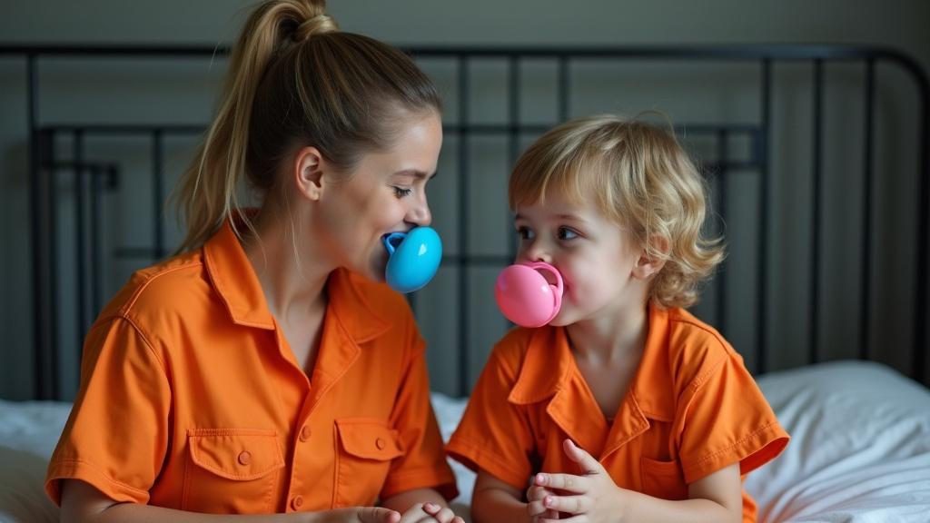 Mother and son in jail cell wearing orange jumpsuits. Both have oversized pacifiers. Happy moments shared together. Mother explains prison rules while son shows drawing. Cozy setting with playful atmosphere.