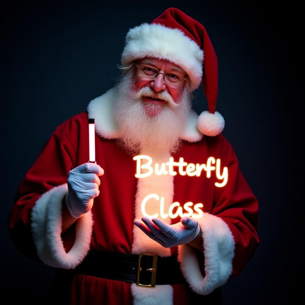 This image features Santa Claus dressed in his iconic red suit with white trim. He is cheerfully holding a glow stick that lights up the words 'Butterfly Class'. Santa has a jolly expression, radiating warmth and happiness associated with the Christmas season. The background is dark, which makes the glowing text stand out even more. This delightful scene captures the essence of holiday magic and joy, appealing to children and families alike. Perfect for festive promotions or educational themes.