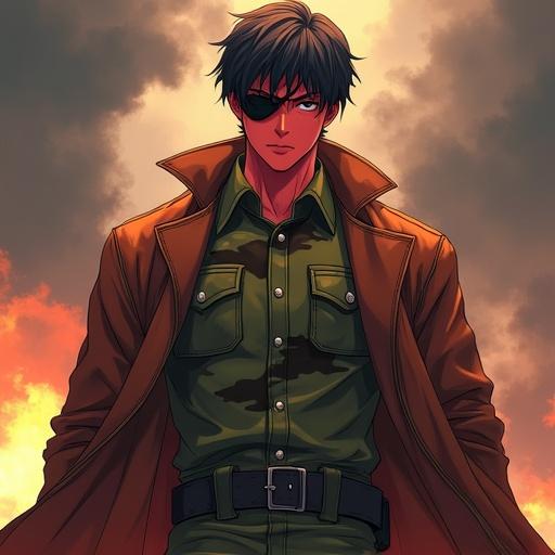 Anime-style male character aged around 24 with a strong muscular build. Skin is vibrant red with a black eye patch over the left eye. Hair is straight, dark, and slightly long. Wears a camouflage military uniform in green and brown with detailed pockets and folds. A long brown leather trench coat flows dynamically. Background has intense lighting and soft smoke creating an epic feel.
