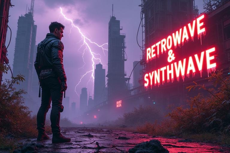 High-tech post-apocalyptic 4K thumbnail. Ruined futuristic world with devastated city and skeletal skyscrapers. Overgrown with neon-lit vines and cybernetic cables. Eerie stormy purple-black sky with lightning. Cracked ground with decayed digital grid. Man with cybernetic enhancements in foreground. Bold glowing text 'Retrowave & Synthwave'.