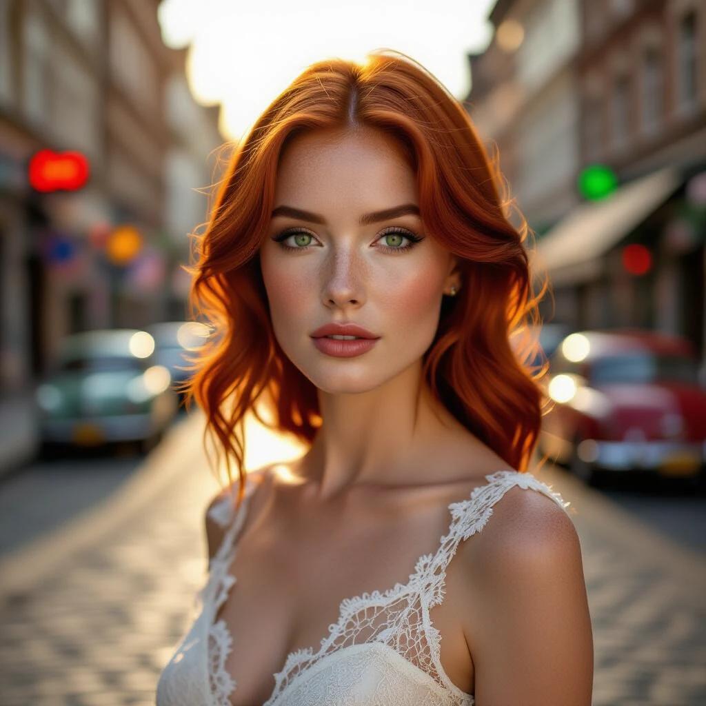 Portrait of a woman with fiery red hair and green eyes. She has freckles and wears a cream lace dress. The setting is a 1970s European street with cobblestones and faded posters. The image is taken during golden hour with sun flare and a shallow focus effect. The background features vibrant swirls of colors with vintage cars and neon signs. The style emulates raw 1970s street photography with a cinematic quality.